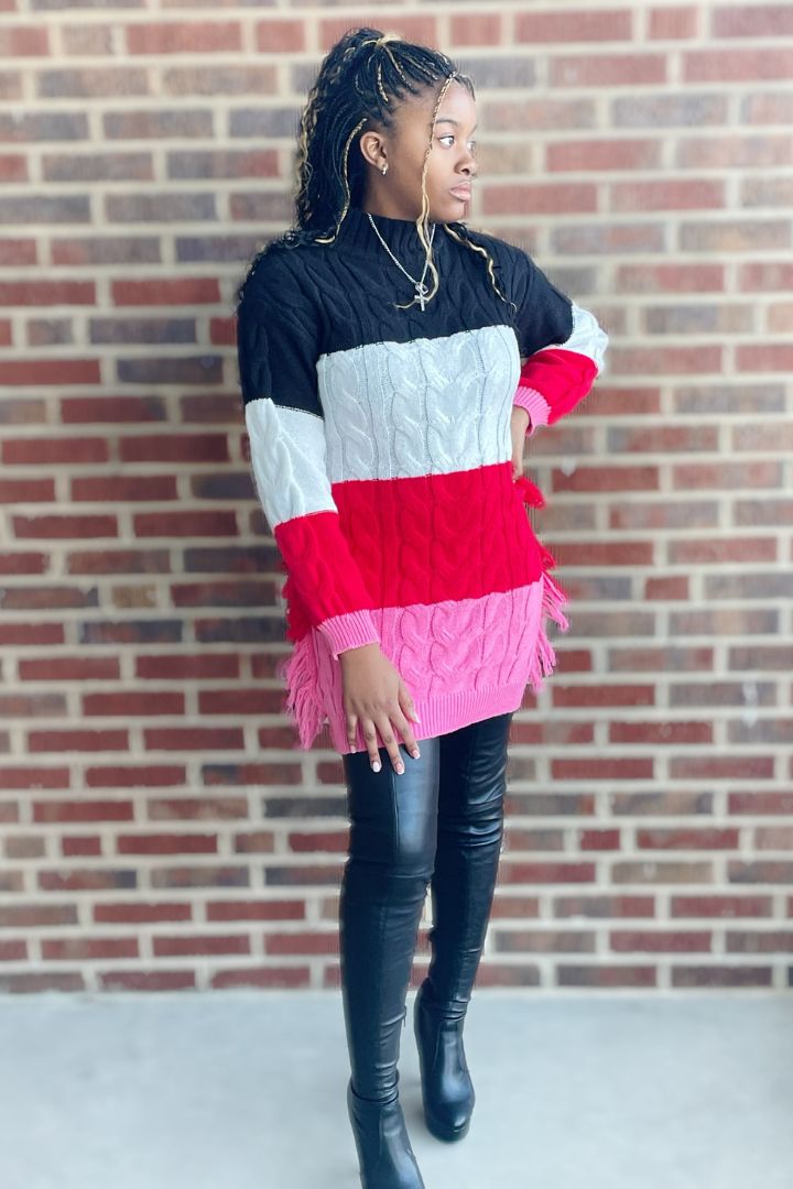 Color Block Mock Neck Sweater Dress  Fashion 235