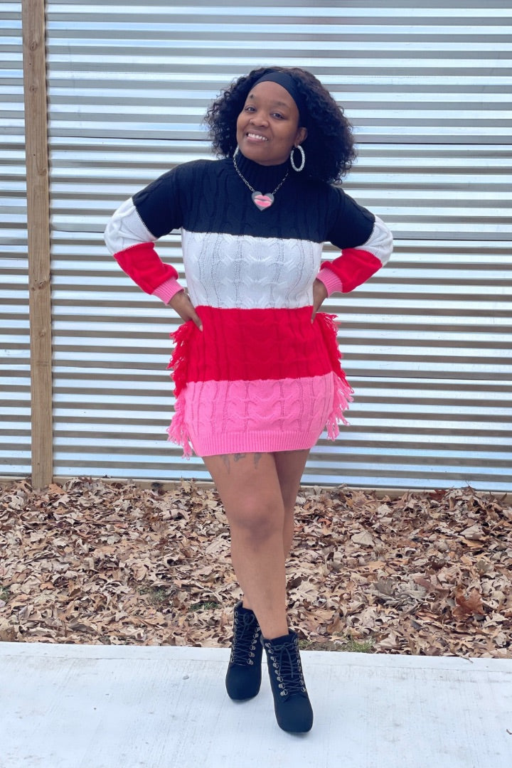 Color Block Mock Neck Sweater Dress